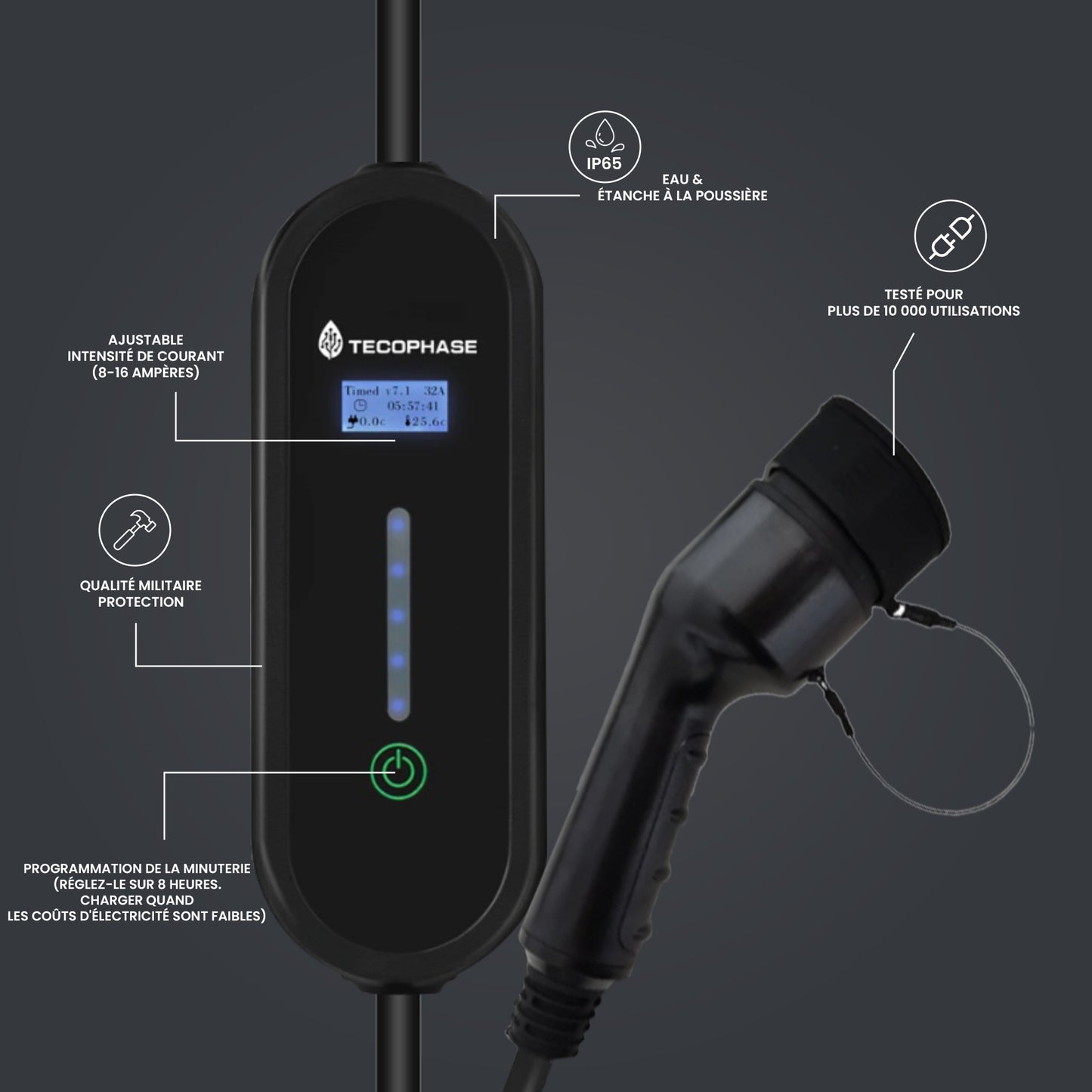 Chargeur Portable Monophasée pour Véhicules Électriques, 16A, 3.5KW